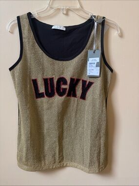 Luckylu Milano Metallic Gold ‘LUCKY’ Tank Top with Black Trim - NEW